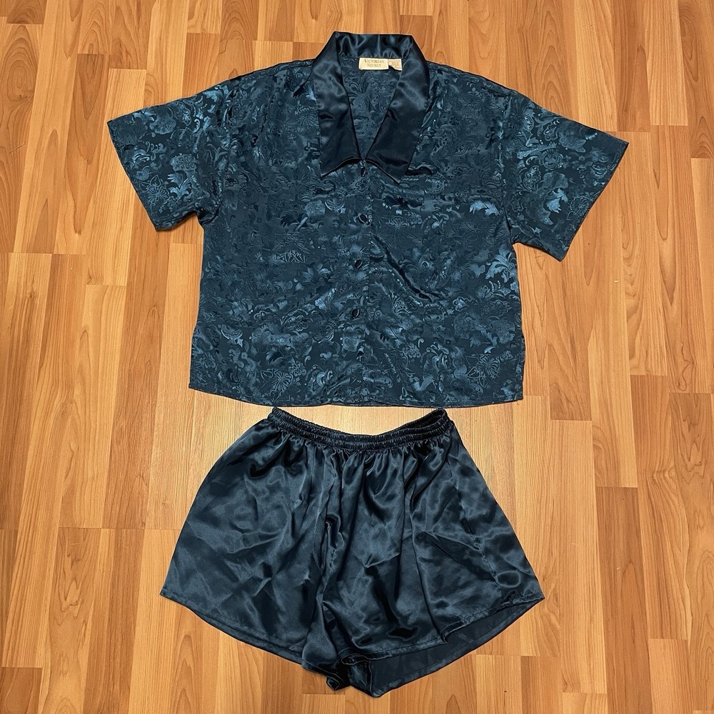 Victoria Secret Gold Label Pajama Set Teal Size S Shorts Button Up‎ Vintage